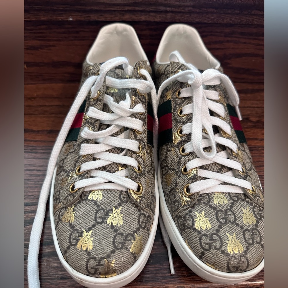 Gucci Beige GG Bee Canvas Sneakers with Red & Green Web